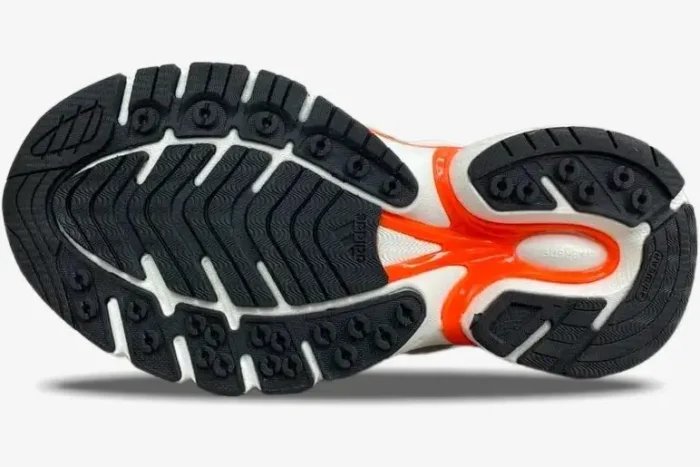 Bottom view of Adidas Adistar Jellyfish x Pharrell x VIRGINIA sneaker outsole in black, white, and orange. - SKU JP9261
