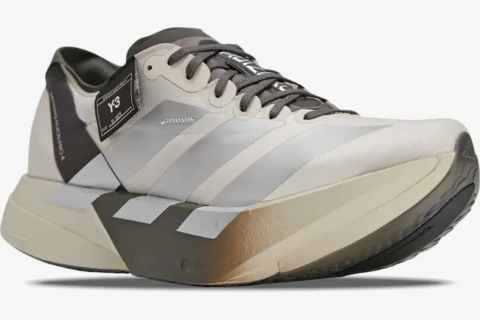 Adidas Adizero Adios Pro 4 x Y-3 Alumina Cinder running shoe, side profile view. - SKU JS3154