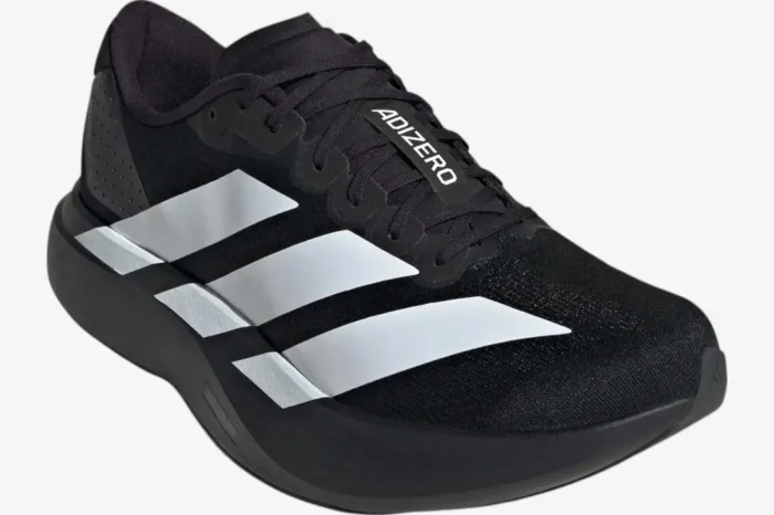 Adidas Adizero Evo SL running shoe in black and white, shown from a three-quarter front angle. - SKU JP7149