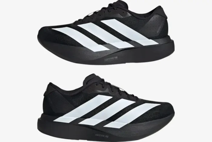 Side profile view of Adidas Adizero Evo SL running shoes in Core Black and Cloud White. - SKU JP7149
