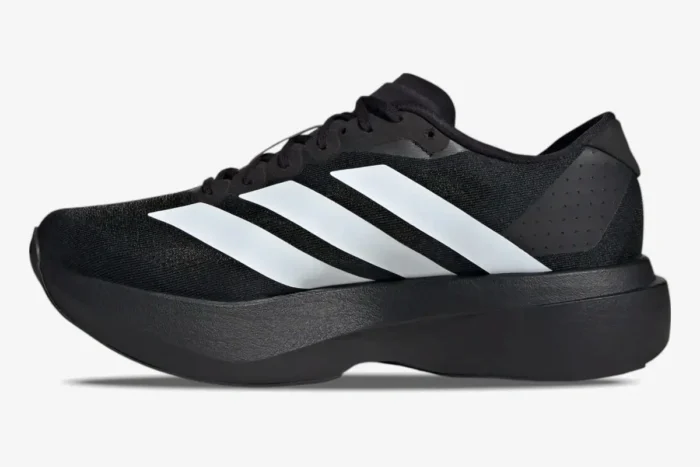 Adidas Adizero Evo SL running shoe in Core Black and Cloud White, side profile view. - SKU JP7149