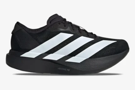 Side profile view of Adidas Adizero Evo SL running shoes in core black and cloud white. - SKU JP7149