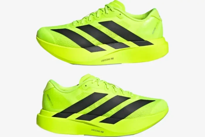 Adidas Adizero Evo SL running shoes in Lucid Lemon and Core Black, lateral and medial side views. - SKU JR3416
