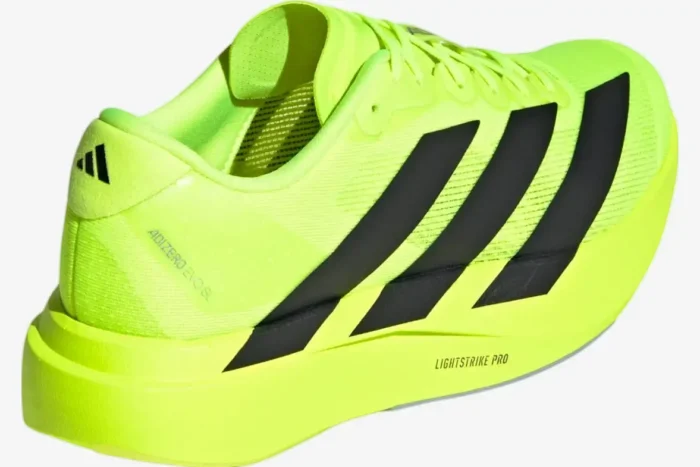 Adidas Adizero Evo SL running shoe in Lucid Lemon and Core Black, rear-side view showing heel and midsole. - SKU JR3416