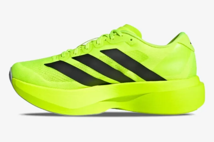 Adidas Adizero Evo SL running shoe in Lucid Lemon and Core Black, side profile view. - SKU JR3416