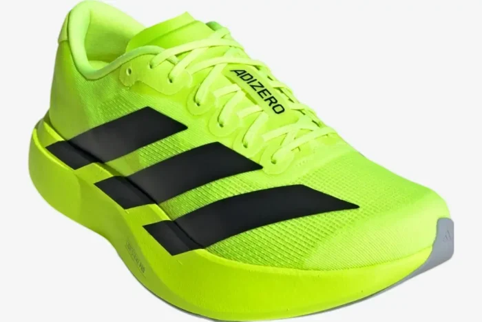 Adidas Adizero Evo SL running shoe in Lucid Lemon and Core Black, three-quarter front view. - SKU JR3416