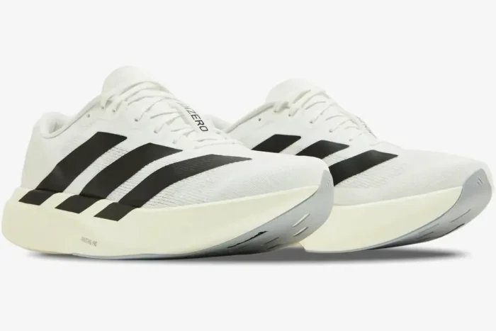 Adidas Adizero Evo SL running shoes in white and black, shown from a low front three-quarter angle. - SKU JH6206