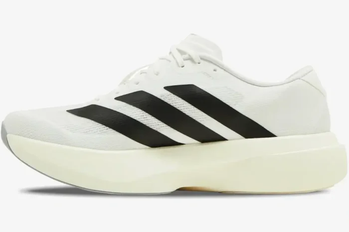 Side profile of Adidas Adizero Evo SL running shoe in white with black stripes and cream midsole. - SKU JH6206