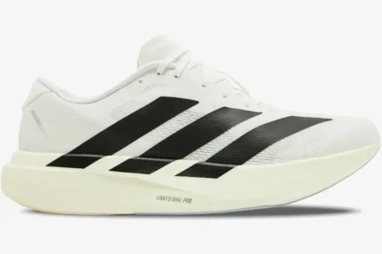 Adidas Adizero Evo SL running shoe in white and black, side profile view showing Lightstrike Pro midsole. - SKU JH6206