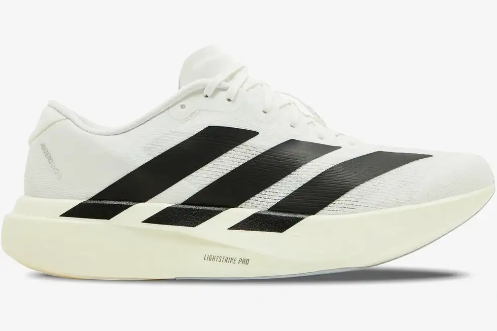 adidas-adizero-evo-sl-white-black-side-view-jh6206-948-317 Adidas Adizero Evo SL running shoe in white and black, side profile view showing Lightstrike Pro midsole. - SKU JH6206
