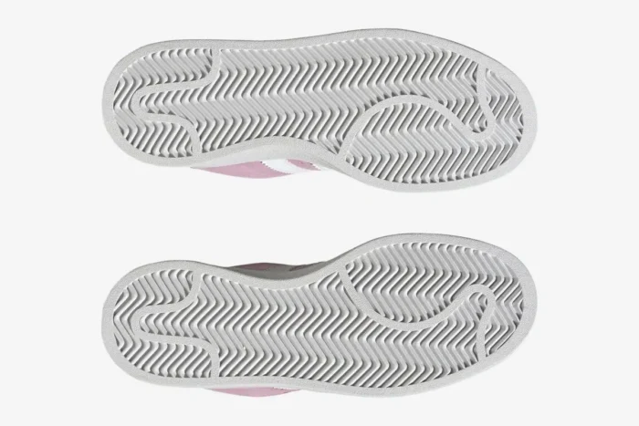 Bottom view of the white rubber outsoles on Adidas Campus 00s Bliss Lilac sneakers. - SKU HP6395