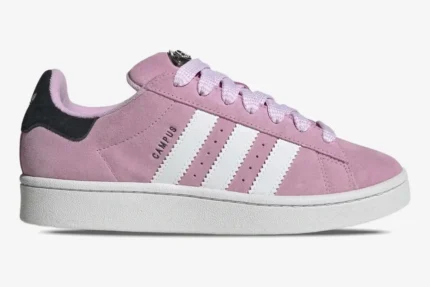 Side view of Adidas Campus 00s sneakers in Bliss Lilac suede with white stripes and a thick sole. - SKU HP6395