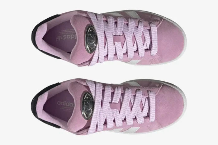 Top-down view of Adidas Campus 00s Bliss Lilac sneakers with thick laces and metallic tongue details. - SKU HP6395
