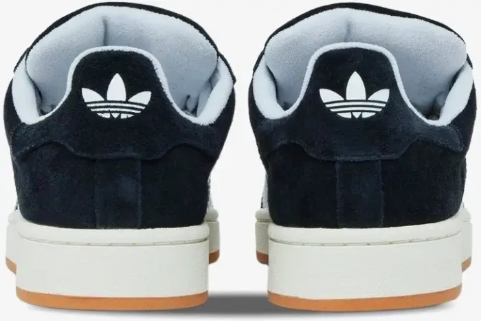 Rear view of Adidas Campus 00s Core Black sneakers with white trefoil logos and gum outsoles. - SKU HQ8708