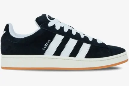Adidas Campus 00s Core Black Gum sneaker, side profile view with white stripes and laces. - SKU HQ8708