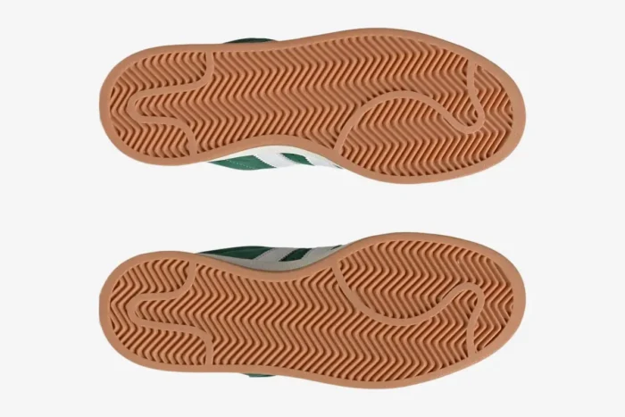 Bottom view of Adidas Campus 00s Dark Green sneakers showing gum rubber herringbone outsoles. - SKU JK4971