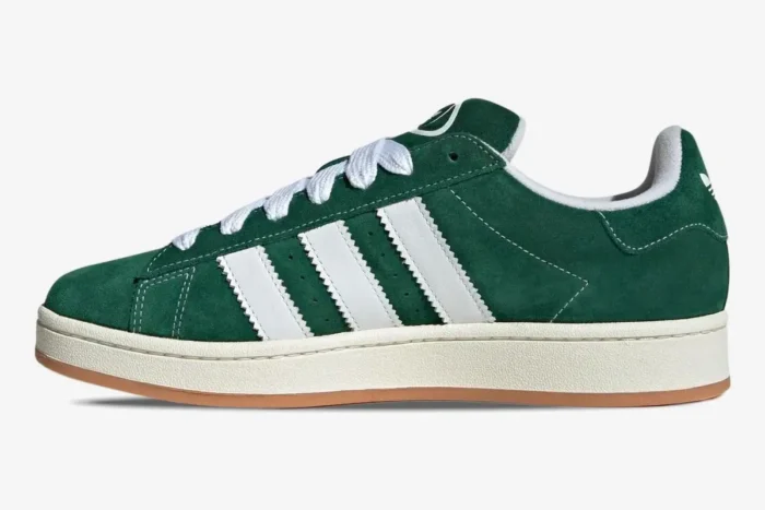 Side view of an Adidas Campus 00s sneaker in dark green suede with white stripes and a gum sole. - SKU JK4971