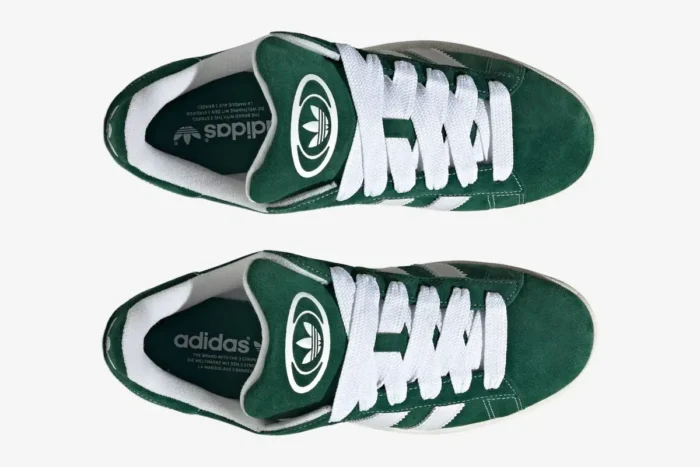 Top-down view of Adidas Campus 00s sneakers in dark green suede with thick white laces. - SKU JK4971