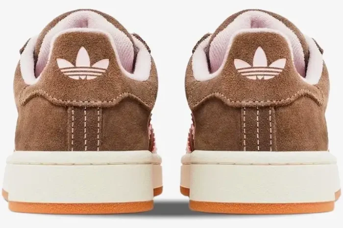 Rear view of Adidas Campus 00s sneakers in Dust Cargo brown suede with clear pink accents and cream midsole. - SKU HQ4569