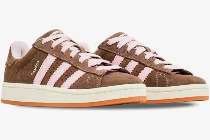 Adidas Campus 00s sneakers in Dust Cargo brown suede with Clear Pink stripes, side profile view. - SKU HQ4569