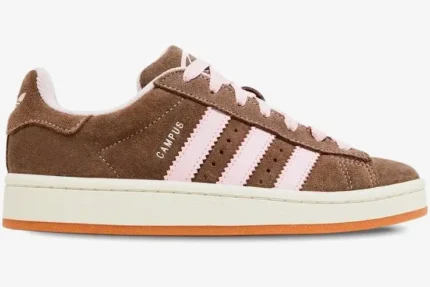 Side view of Adidas Campus 00s sneakers in dust cargo brown suede with clear pink stripes and laces. - SKU HQ4569
