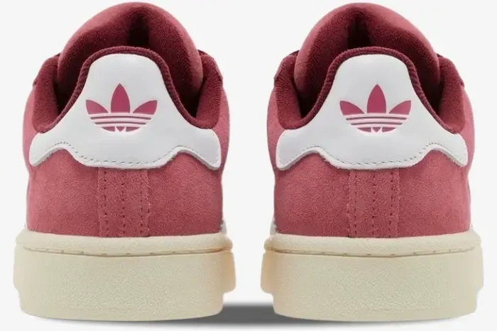 Rear view of Adidas Campus 00s Pink Strata sneakers in pink suede with white heel tabs and trefoil logos. - SKU hp6286