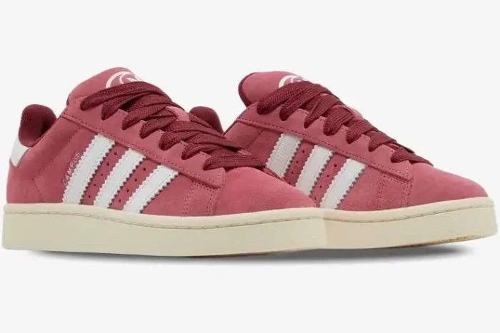 Adidas Campus 00s Pink Strata sneakers in a three-quarter side view with white stripes and cream soles. - SKU hp6286