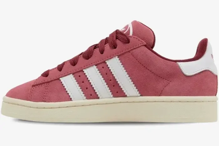 Side profile of Adidas Campus 00s sneakers in Pink Strata suede with white stripes and cream soles. - SKU hp6286