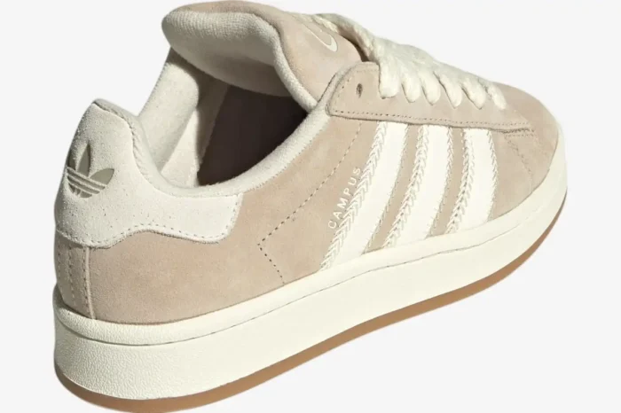 Adidas Campus 00s sneakers in Wonder White and Wonder Beige, rear three-quarter view showing heel and side. - SKU JQ5803