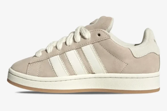 Side view of Adidas Campus 00s sneakers in Wonder White and Wonder Beige suede with thick laces. - SKU JQ5803