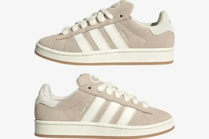 Side profile views of Adidas Campus 00s sneakers in Wonder White and Wonder Beige suede. - SKU JQ5803