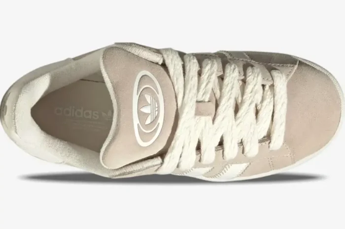 Top-down view of Adidas Campus 00s sneakers in Wonder White and Wonder Beige with thick laces. - SKU JQ5803