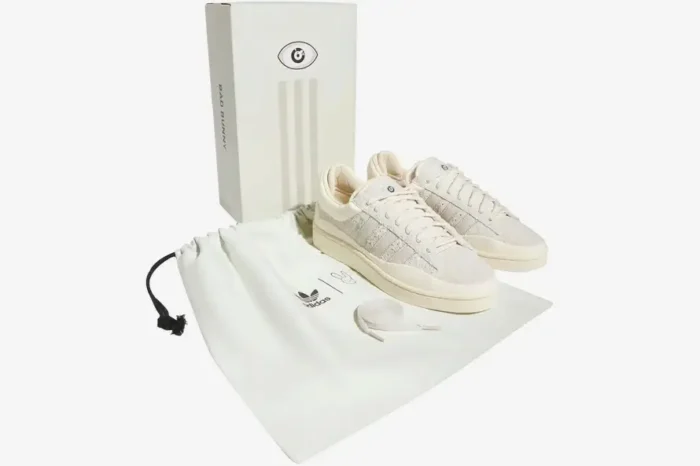 Adidas Campus Light x Bad Bunny Cream sneakers with original box and dust bag, three-quarter view. - SKU FZ5823