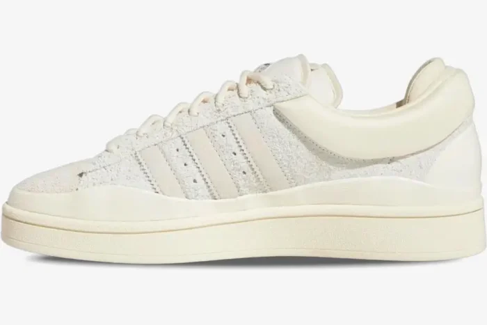 Side profile of the Adidas Campus Light x Bad Bunny Cream sneaker with a textured suede upper and thick sole. - SKU FZ5823
