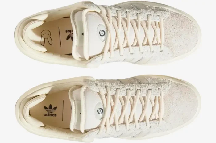 Top-down view of Adidas Campus Light x Bad Bunny Cream sneakers featuring hairy suede and rope laces. - SKU FZ5823