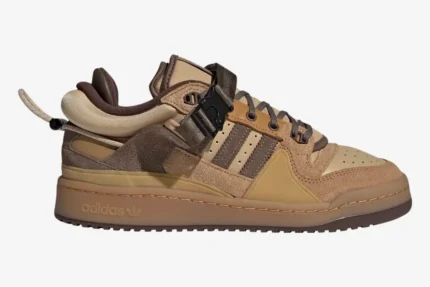 Adidas Forum Buckle Low x Bad Bunny Café sneaker in brown and tan, side profile view. - SKU GW0264