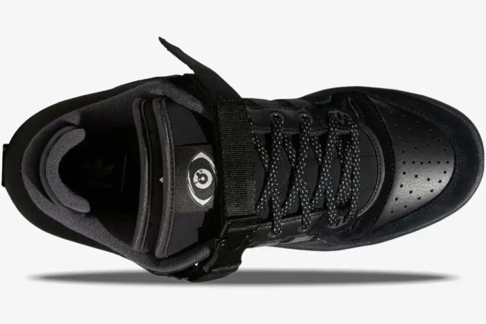 Top-down view of the black Adidas Forum Buckle Low x Bad Bunny Back To School sneaker. - SKU GW5021