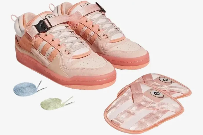 Adidas Forum Low x Bad Bunny Pink Easter Egg sneakers with extra laces and tongue covers, three-quarter view. - SKU GW0265