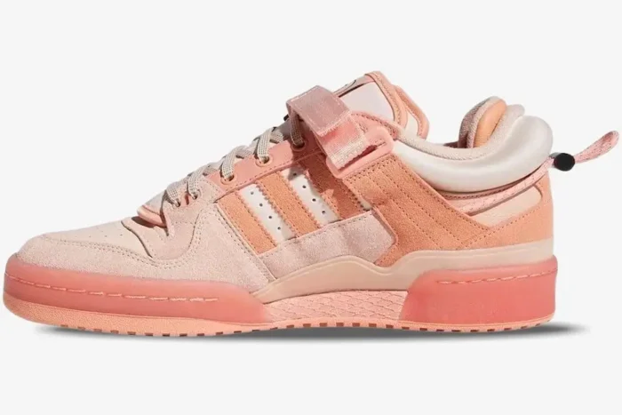 Adidas Forum Low x Bad Bunny Pink Easter Egg sneaker in a side profile view with various shades of pink. - SKU GW0265