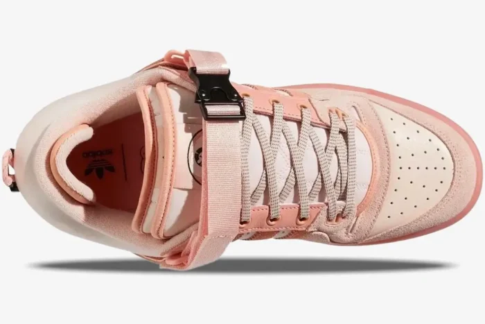 Top-down view of the Adidas Forum Low x Bad Bunny Pink Easter Egg sneaker with buckle strap and double tongue. - SKU GW0265