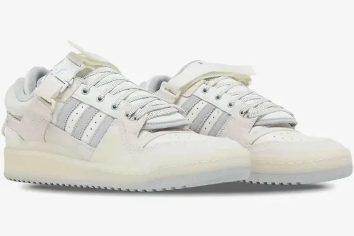 Adidas Forum Buckle Low x Bad Bunny white cream sneakers, three-quarter side perspective. - SKU HQ2153