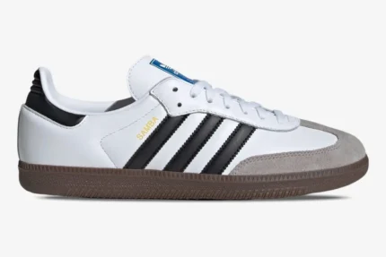 Side view of Adidas Samba OG White Gum Brown sneaker with black stripes and grey suede toe. - SKU JK3367