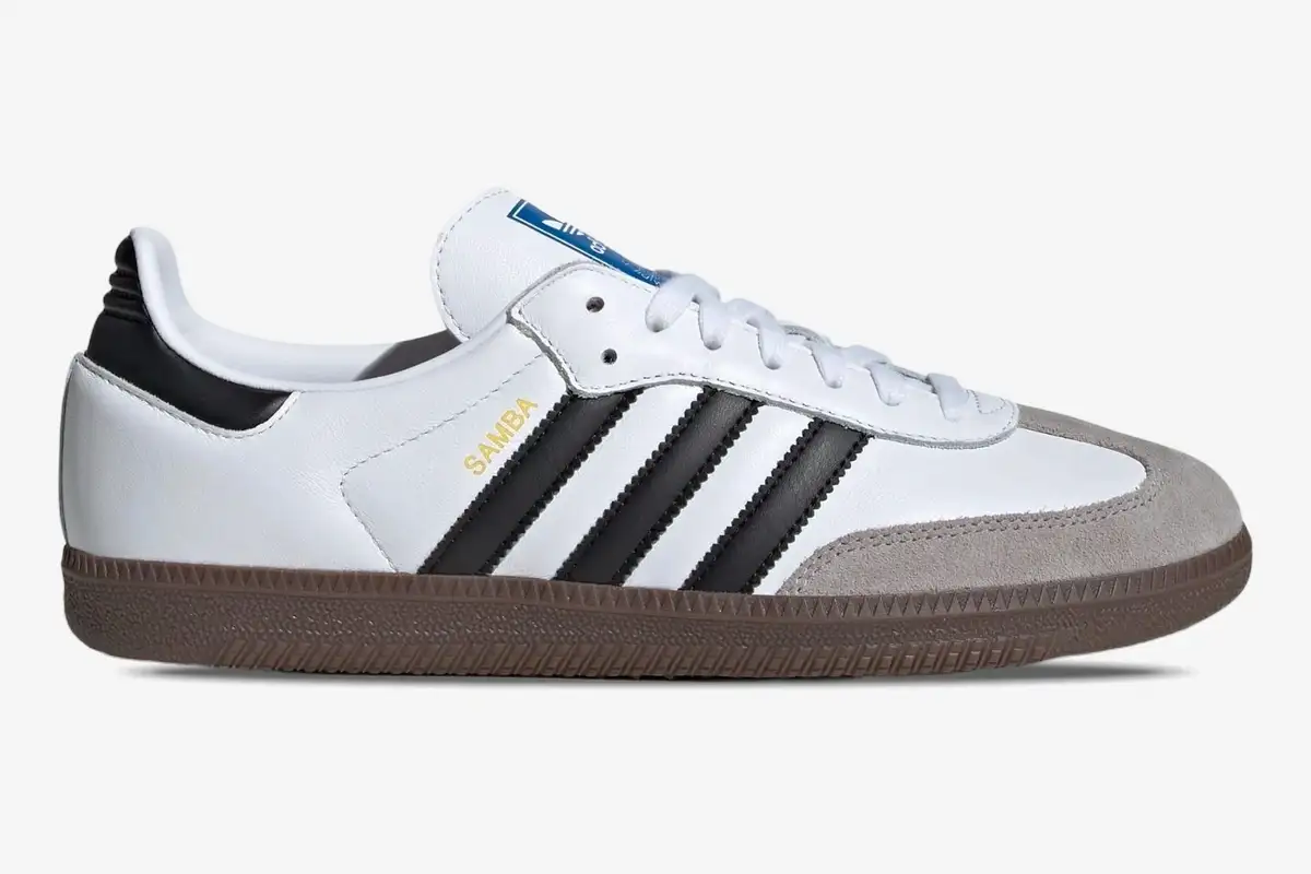 adidas-samba-og-white-gum-brown-side-view-jk3367-012-163 Side view of Adidas Samba OG White Gum Brown sneaker with black stripes and grey suede toe. - SKU JK3367