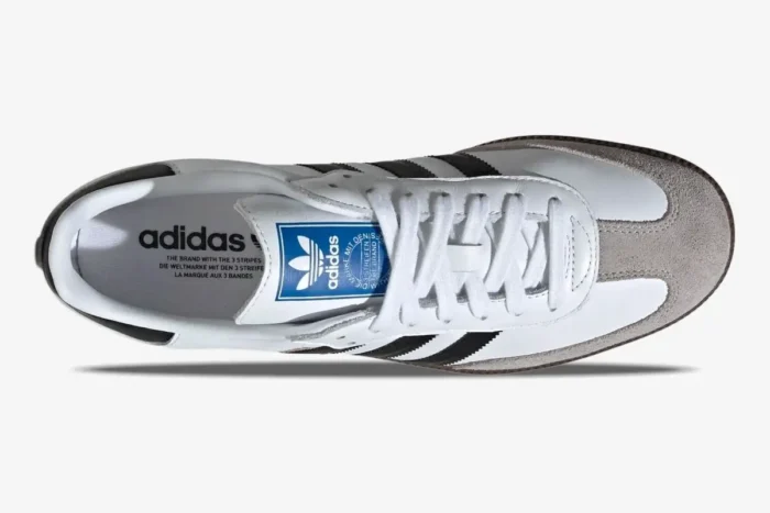 Top-down view of Adidas Samba OG White Gum Brown sneakers with white laces and grey suede toe. - SKU JK3367