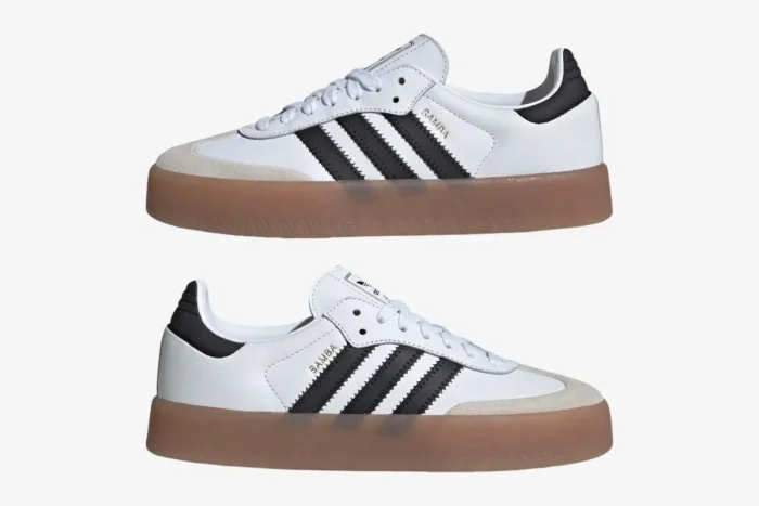 Side profile of Adidas Sambae platform sneakers in Cloud White with black stripes and metallic gold branding. - SKU JI1349