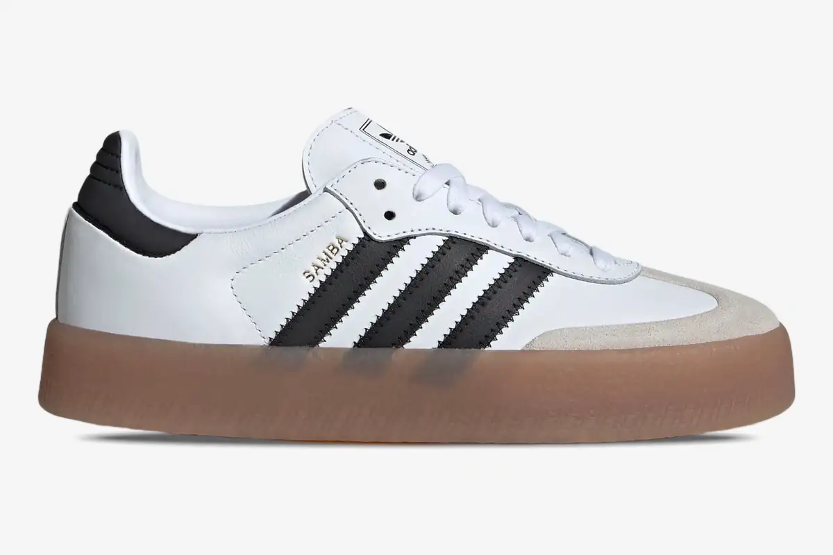 adidas-sambae-cloud-white-gum-side-view-ji1349-793-501 Side profile of Adidas Sambae Cloud White sneakers with black stripes and thick gum platform sole. - SKU JI1349