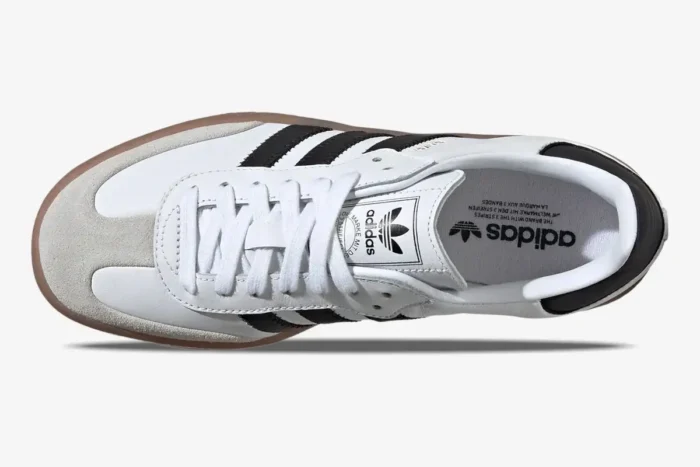 Top-down view of Adidas Sambae sneakers in Cloud White with black stripes and gum sole. - SKU JI1349