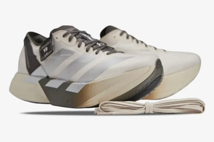 Adidas Adizero Adios Pro 4 x Y-3 Alumina Cinder running shoes, side view with extra laces. - SKU JS3154