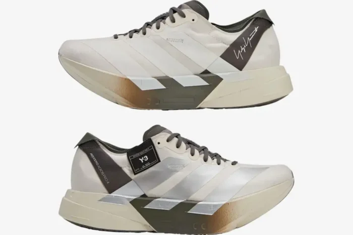 Lateral side view of Adidas Adizero Adios Pro 4 x Y-3 Alumina Cinder running shoe in cream and olive. - SKU JS3154