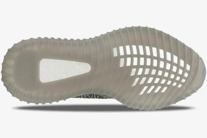 Bottom view of the Adidas Yeezy 350 V2 Beluga OG showing the grey translucent outsole and white Boost foam. - SKU BB1826